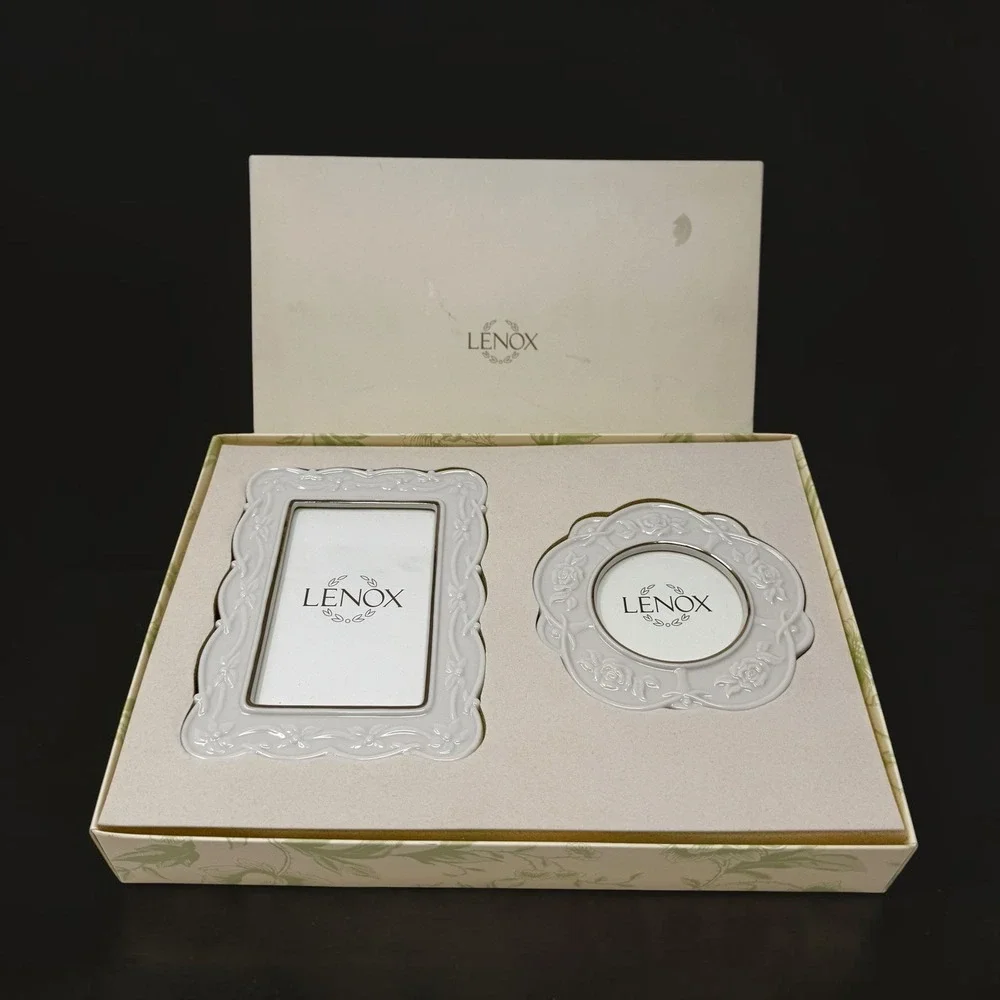 Lenox Cottagecore Picture Frame Set NIB White Porcelain Floral Rose 4x6 & Round